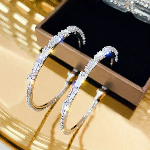 925 Sterling Silver White Sapphire Hoop Earrings - Picture 3 of 7